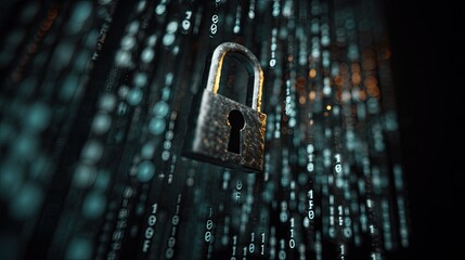 Digital Padlock Floating Amidst a Stream of Binary Code for Security