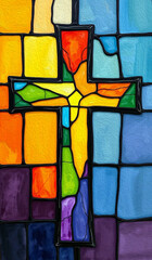 Cross . Colorful stained glass window. Multicolored interior design template. Oil painting