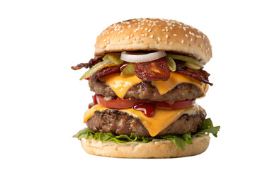 A mouthwatering double cheeseburger with crispy bacon, fresh lettuce, juicy tomatoes, and pickles stacked high on a sesame seed bun, isolated on a white background