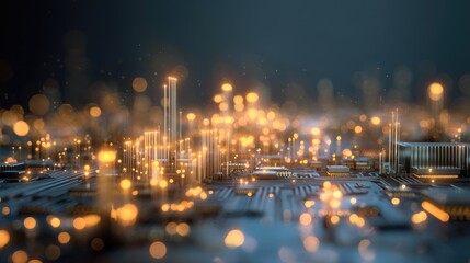 Glowing Sparks and Light Trails Across a Futuristic Circuit Board City