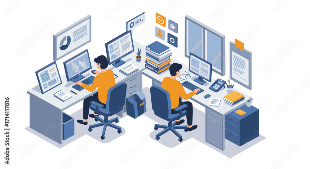 Poster modern office workspace with professionals working at desks and computers in isometric style