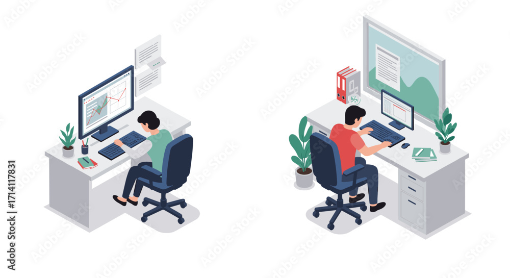 Poster modern workspace with people working on computers side by side in minimalist style