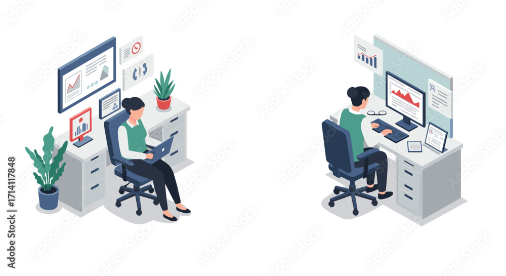 Aufkleber isometric office worker analyzing data and charts in modern workspace