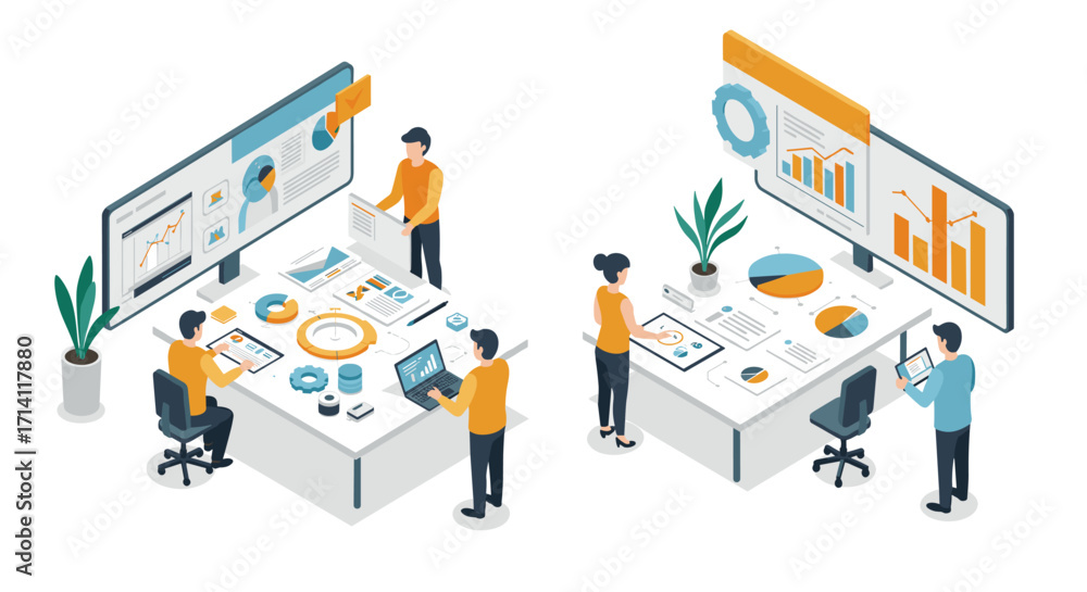 Poster isometric office team analyzing data and charts in modern workspace