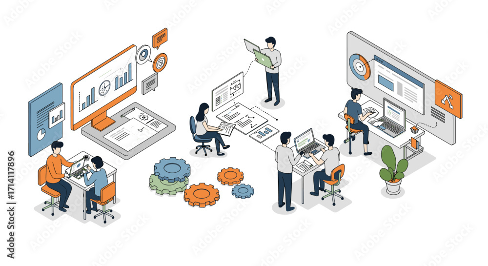 Poster collaborative office environment with isometric design and technology elements