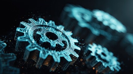 Abstract glowing digital gears representing data processing and feature engineering.