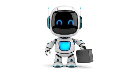 Cute cartoon robot holding a briefcase, isolated on white background