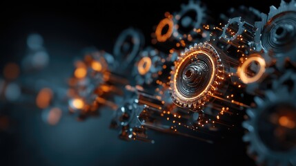 Abstract representation of feature engineering with glowing gears processing raw data.
