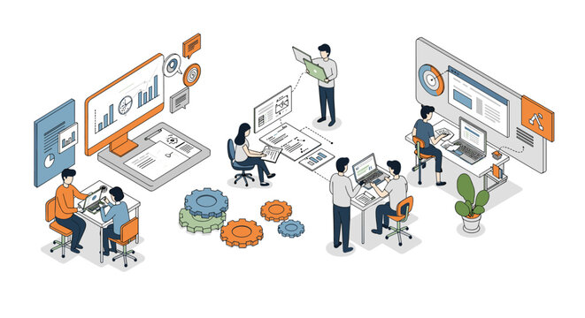 Collaborative office environment with isometric design and technology elements