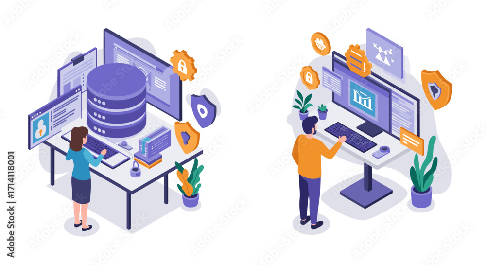 Poster isometric office security: data management and network protection in modern workspace