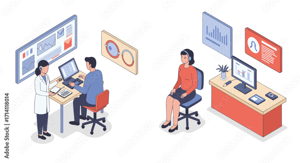 Poster isometric office scene with data analysis and consultation