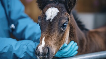 Close Up of Foal Undergoing Veterinary Examination in Stable