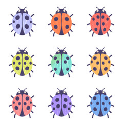 Fototapeta premium Set of Flat Oil Pastel Style Colorful Ladybugs – 9 Variations on One Page