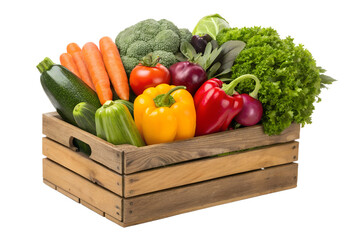 Fresh Assorted Vegetables in Wooden Crate Healthy Eating, Organic Produce, and Colorful Ingredients Isolated on White