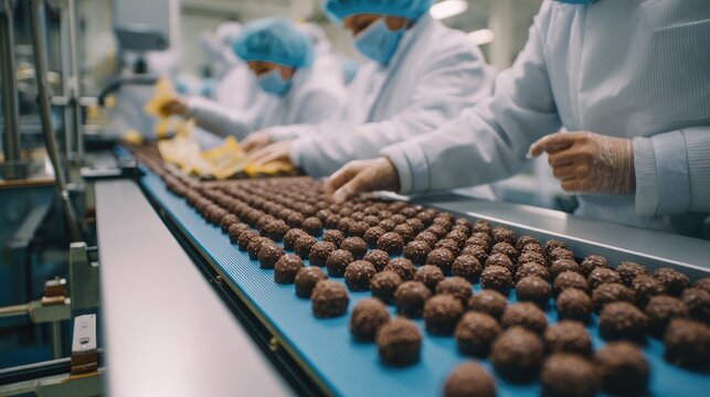 Workers arranging chocolates on a food factory assembly line for packaging.