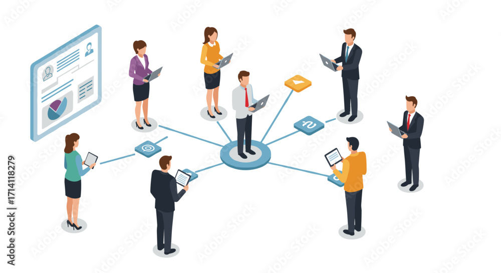 Poster team communication and networking concept in isometric design