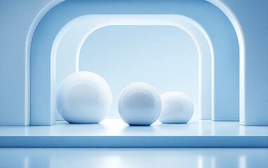 Three white spheres in a minimalist blue arched structure