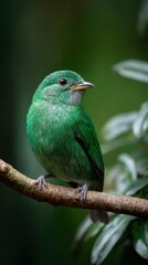 Obraz premium Emerald Songbird's Perch: The vibrant emerald tanager sits elegantly upon a branch, its vivid green plumage a striking contrast to the blurred, verdant background.