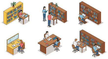 Isometric library scenes with people reading and studying in various settings