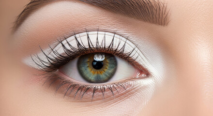Fototapeta premium A high-detail, professional close-up photograph of a female eye with perfectly blended white eyeshadow, showcasing professional makeup artistry