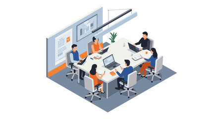 Team collaboration in a modern office setting with isometric design