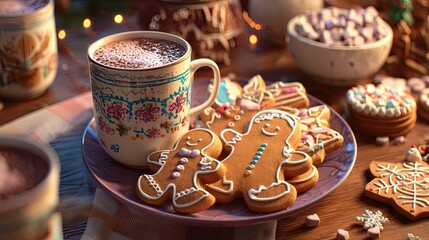 Delicious Gingerbread Cookies and Hot Cocoa on a Plate for Christmas