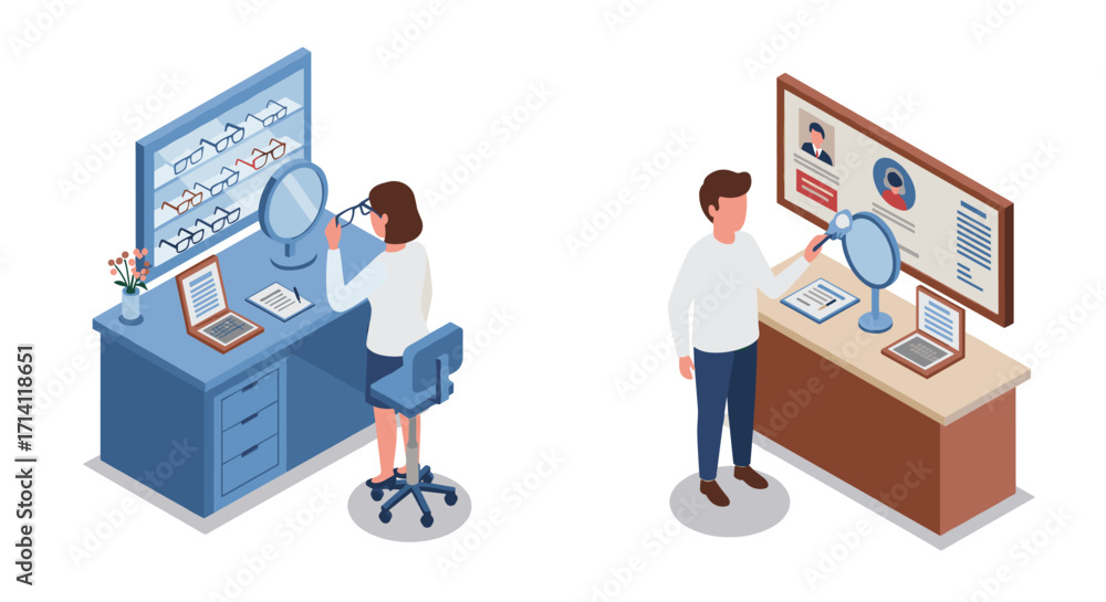 Poster office workers analyzing data and eyewear using modern technology in isometric design