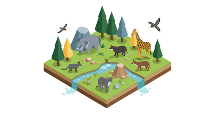 Isometric safari scene with diverse wildlife and lush forest
