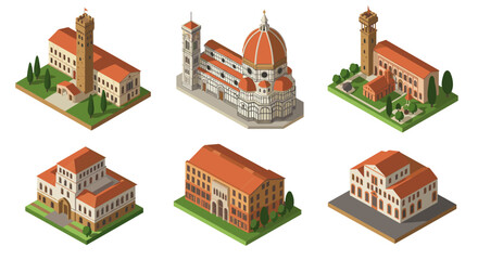 Isometric architectural landmarks with red roofs on white background