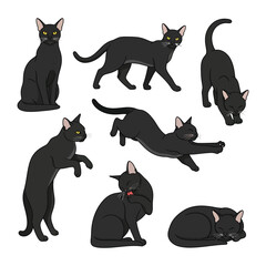 Graceful Black Cat in Various Poses: a collection of meticulously drawn black cats in varied postures, each exuding elegance and poise.