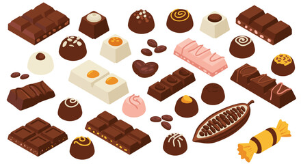 Assorted isometric chocolates and confections on white background