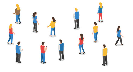 Fototapeta premium Diverse group of people walking seamlessly in isometric style on white background