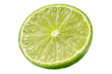 A vibrant, juicy half-cut lime, showcasing its refreshing green flesh and textured peel, isolated on a clean white background, perfect for culinary and design inspiration