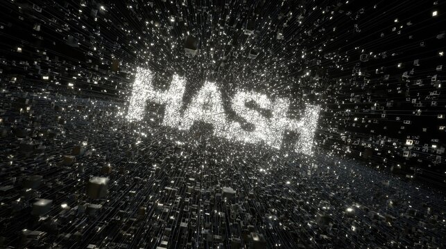 Glowing 'HASH' word within a vast, interconnected digital data network.