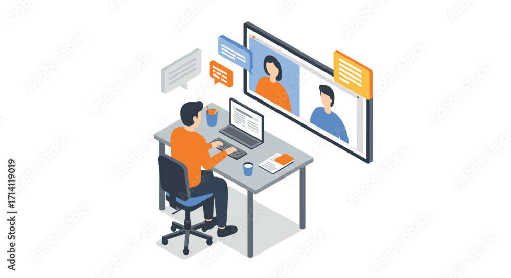 Poster virtual meeting in modern office setting with isometric design for remote collaboration