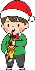 Cartoon child playing saxophone, festive outfit, Santa hat, green sweater, cheerful music pose, vector illustration, holiday concert, kids content