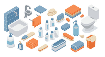 Isometric bathroom essentials with toiletries, towels, and cleaning accessories