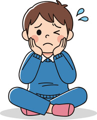 Cartoon child sitting cross-legged with facial pain, blue outfit character, emotional discomfort pose, expressive health illustration artwork scene