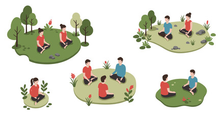 Isometric meditation scenes in outdoor nature settings with people practicing