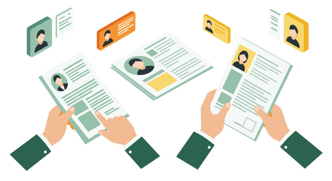 Modern isometric resume layouts and profile cards for job applications