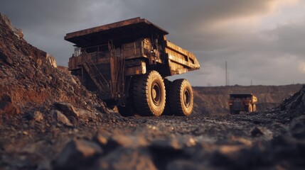 Giant Mining Truck Hauling Iron Ore Through a Rugged Industrial Landscape