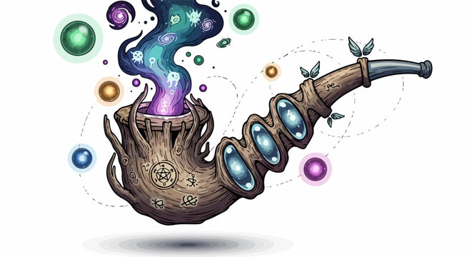 Fantastical pipe made of wood and gems emits vibrant purple and blue smoke, adorned with tiny green leaves and floating light orbs. Illustrates imagination, wonder, and enchantment.
