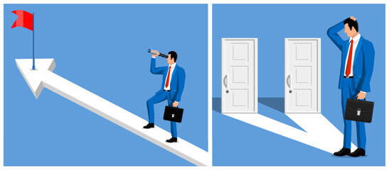 Man observing goal with spyglass on rising arrow and another man confused by two doors. Business strategy, decision making concept.