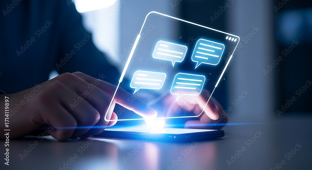 Wall mural person using a smartphone with a holographic interface displaying chat bubbles, representing digital