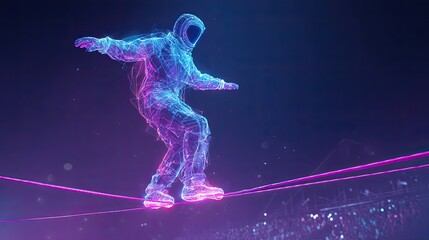 Futuristic Digital Tightrope Walker Maintaining Balance on a Glowing Wire