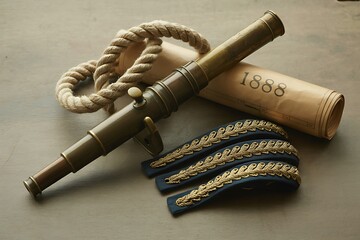 Vintage brass telescope, thick nautical rope, and ornate gold trim epaulets on a rolled historical map dated 1888