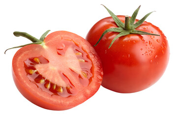 A vibrant, ripe tomato, one whole and one halved, showcasing its juicy interior with water droplets, perfect for culinary creations