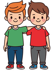 Cartoon children with arms around shoulders, friendship and support pose, smiling characters illustration, casual outfit kids, emotional bonding artwork