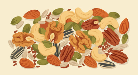 Variety of nuts including almonds, cashews, and walnuts create nutrient rich composition. Nuts are a great source of healthy fats and protein, providing sustained energy and essential nutrients.