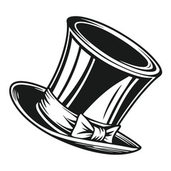 Black and white illustration of a classic top hat with a bow tie on a white background formal hat